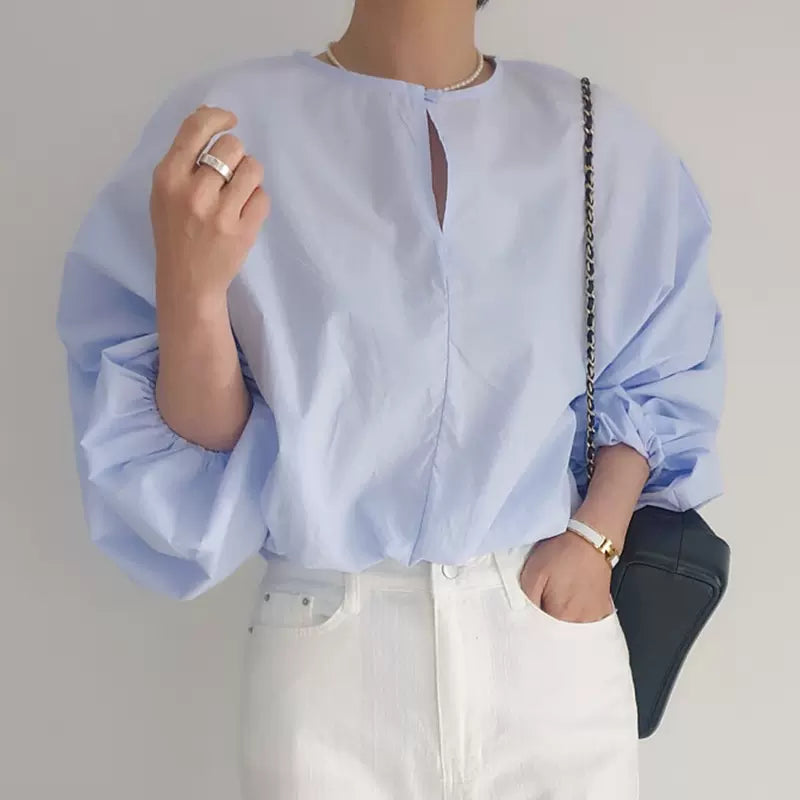 Elegant round neck one button balloon sleeve shirt