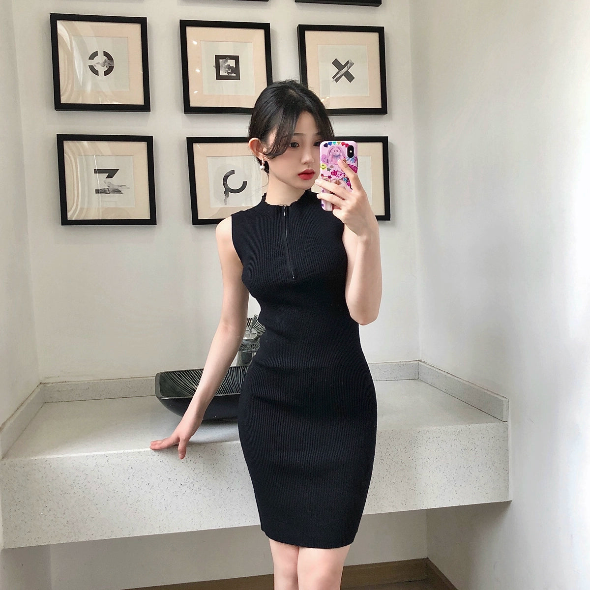 Sexy simple zipper knitted dress