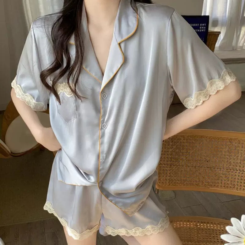 Elegant women's summer ice silk short-sleeved pajamas