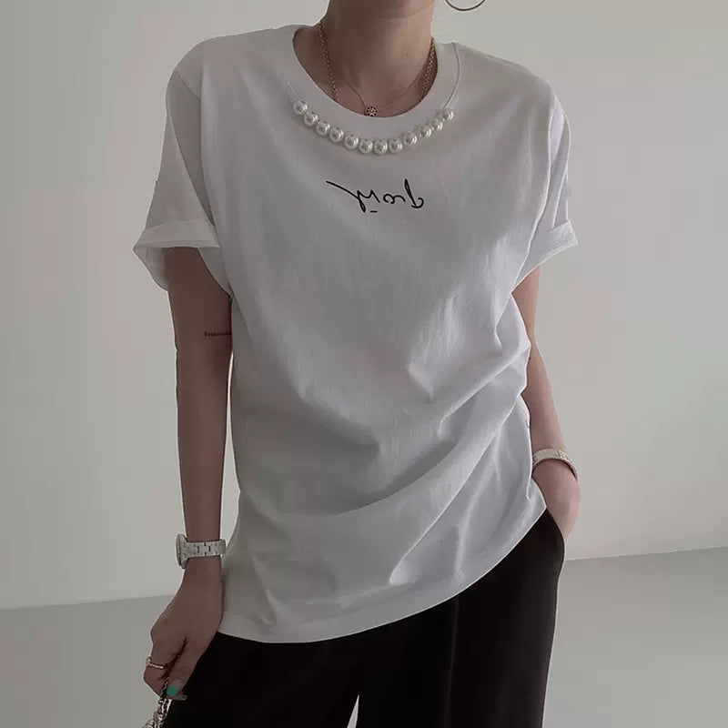 Simple round neck pearl letter T-shirt