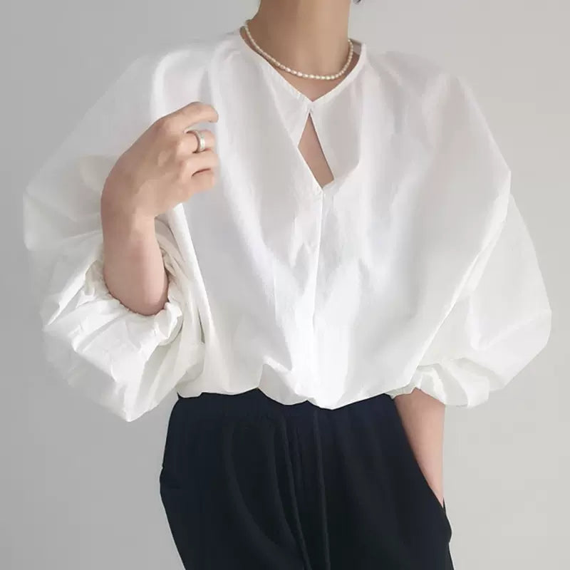 Elegant round neck one button balloon sleeve shirt