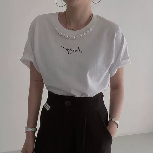 Simple round neck pearl letter T-shirt
