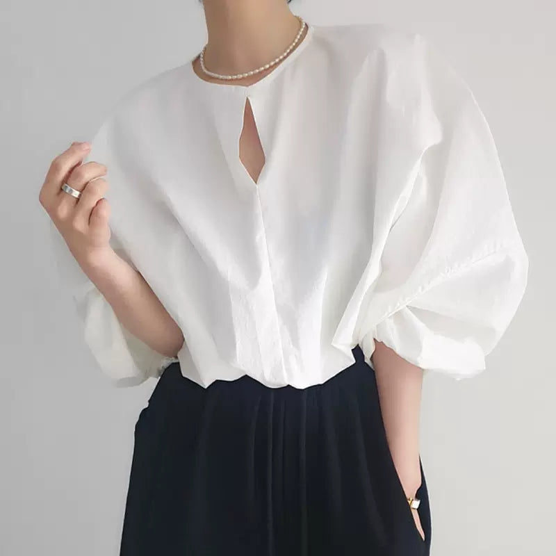 Elegant round neck one button balloon sleeve shirt