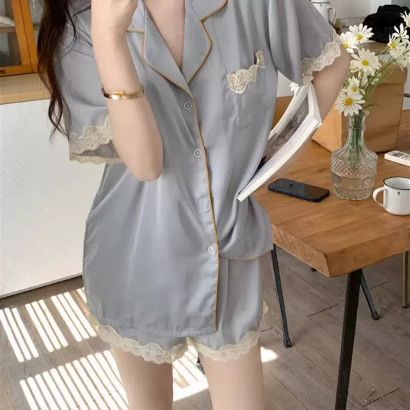 Elegant women's summer ice silk short-sleeved pajamas