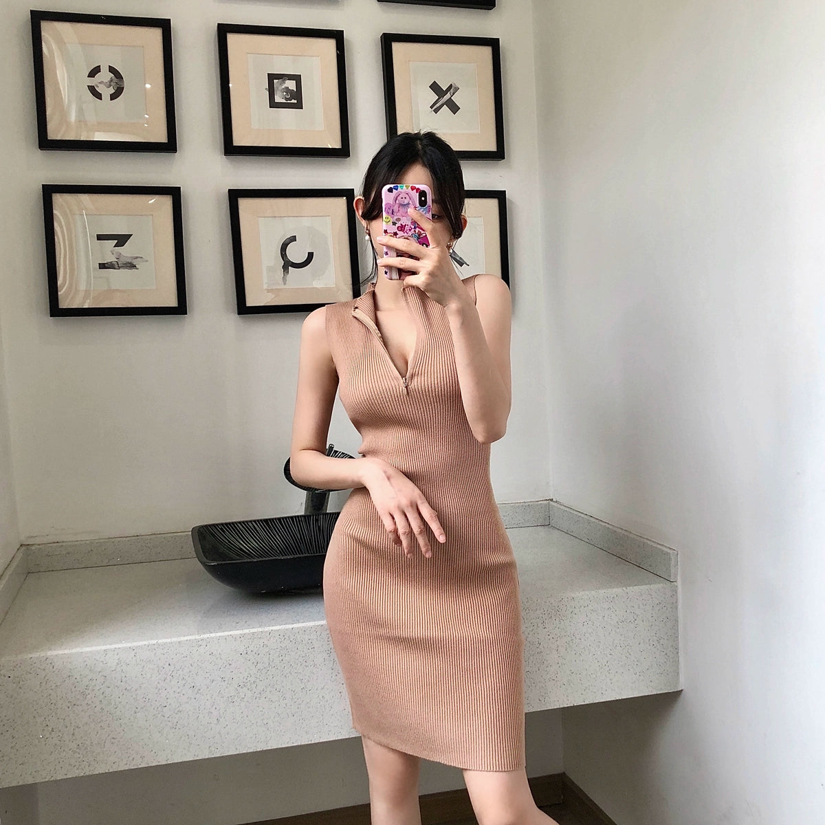 Sexy simple zipper knitted dress