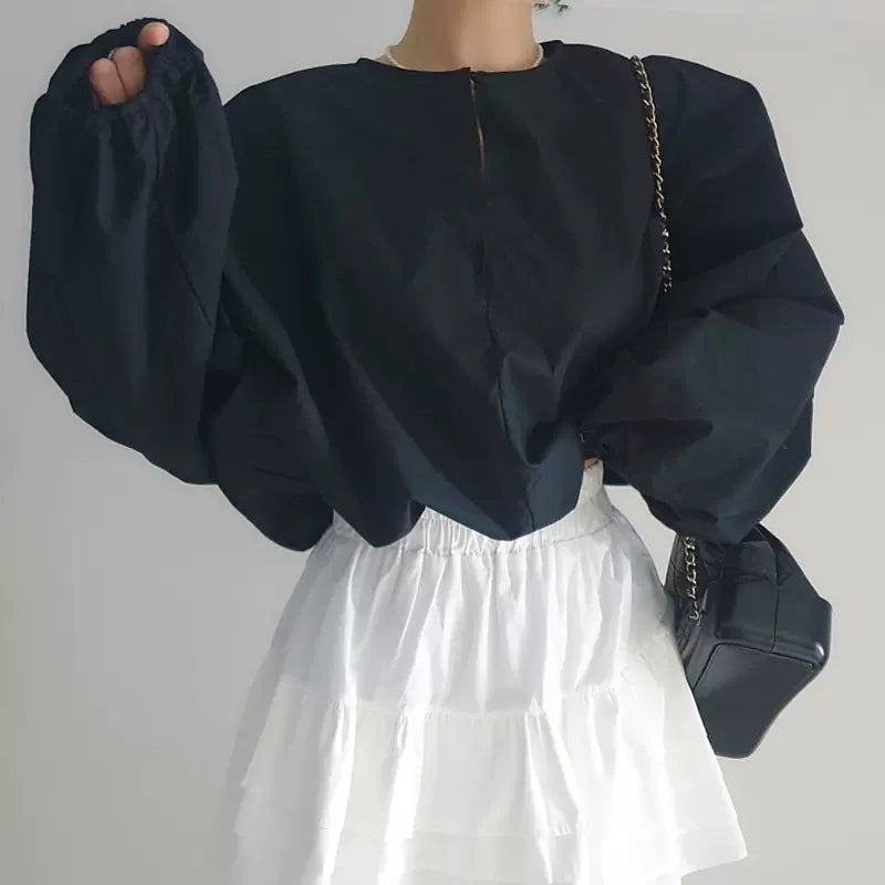 Elegant round neck one button balloon sleeve shirt