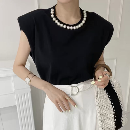 Chic Elegant Pearl Sleeveless T-Shirt