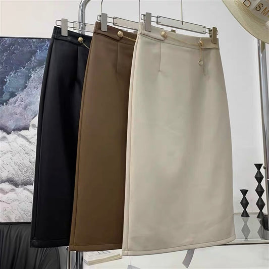 Solid color high waist skirt PU midi skirt