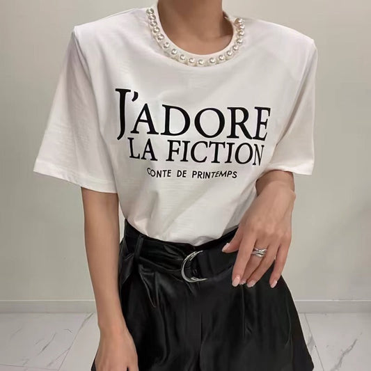 chic pearl letter print short-sleeved shoulder pad T-shirt