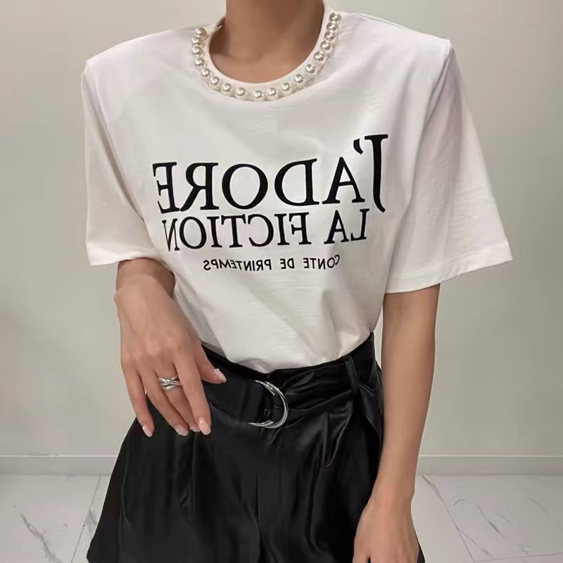 chic pearl letter print short-sleeved shoulder pad T-shirt