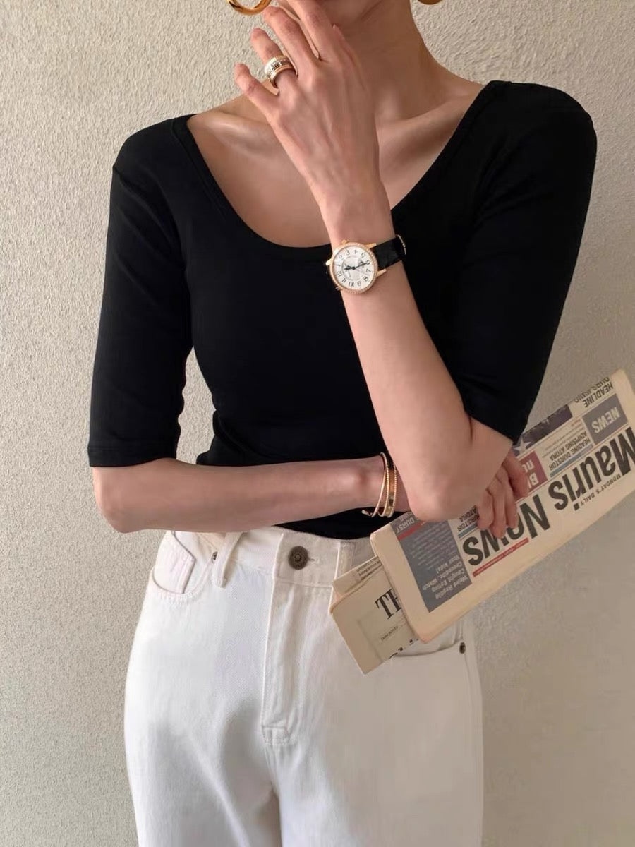 Chic Collarbone exposed tight T-shirt