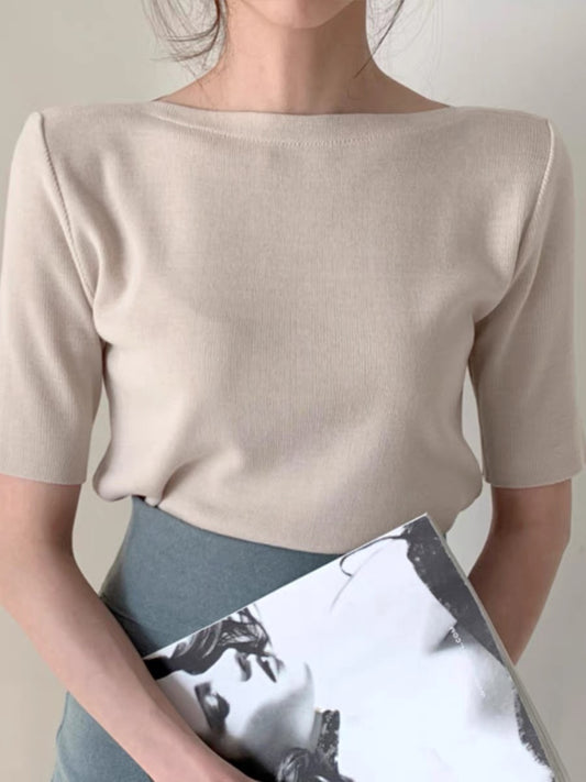 Chic one-line collar ice silk mid-sleeve sweater women's thin slim-fitting top