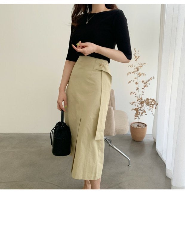 Chic one-line collar ice silk mid-sleeve sweater women's thin slim-fitting top