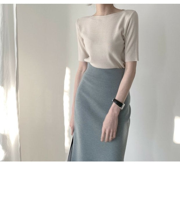 Chic one-line collar ice silk mid-sleeve sweater women's thin slim-fitting top